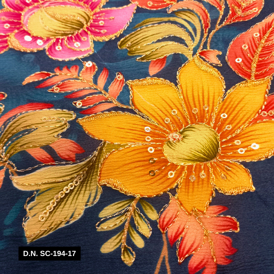 Dark Gray Position Print Chinon Fabric With Multicolor Sequin Embroidery A Perfect For Elegant Apparel