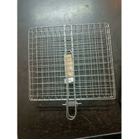 Portable Barbecue Bbq Grill Net Basket Roast Grilling Tray - Stainless Steel Material, Wooden Handle | Suitable For Home & Hotel Use