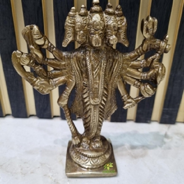 Aakrati Panchmukhi Hanuman Hindu Lord Idol Statue Decorative Showpiece - 13 Cm (Brass, Brown) - Color: Brown