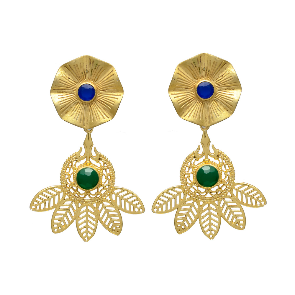 Gold Floral Drop Earrings with Blue and Green Stones