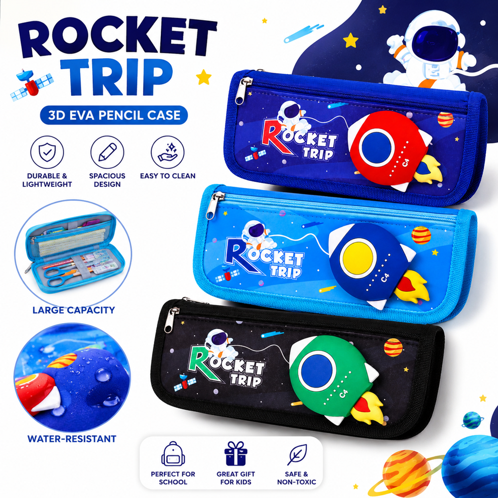 CherryBox Cute 3D Space Pen Pouch Stationary Box Multi Compartment and Zipper Pencil Case - Fabric Standard Size Rectangular Shape | 12 Pieces Printed Style Ideal for Students and Kids