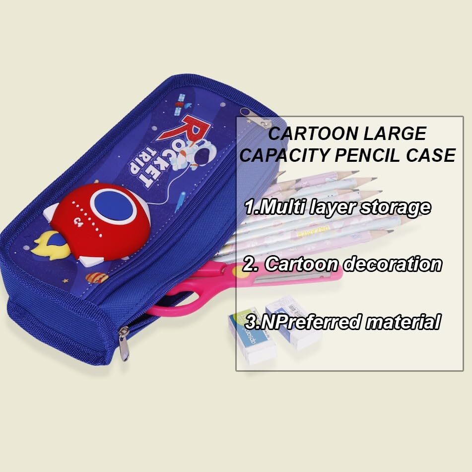 Cherrybox Cute 3d Space Pen Pouch Stationary Box Multi Compartment And Zipper Pencil Case - Fabric, Standard Size, Rectangular Shape | 12 Pieces, Printed Style, Ideal For Students And Kids