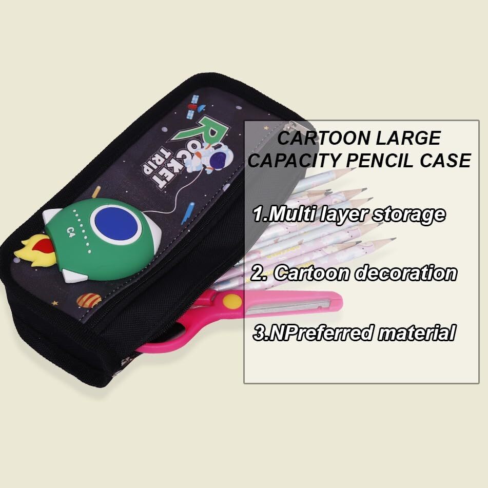 Cherrybox Cute 3d Space Pen Pouch Stationary Box Multi Compartment And Zipper Pencil Case - Fabric, Standard Size, Rectangular Shape | 12 Pieces, Printed Style, Ideal For Students And Kids