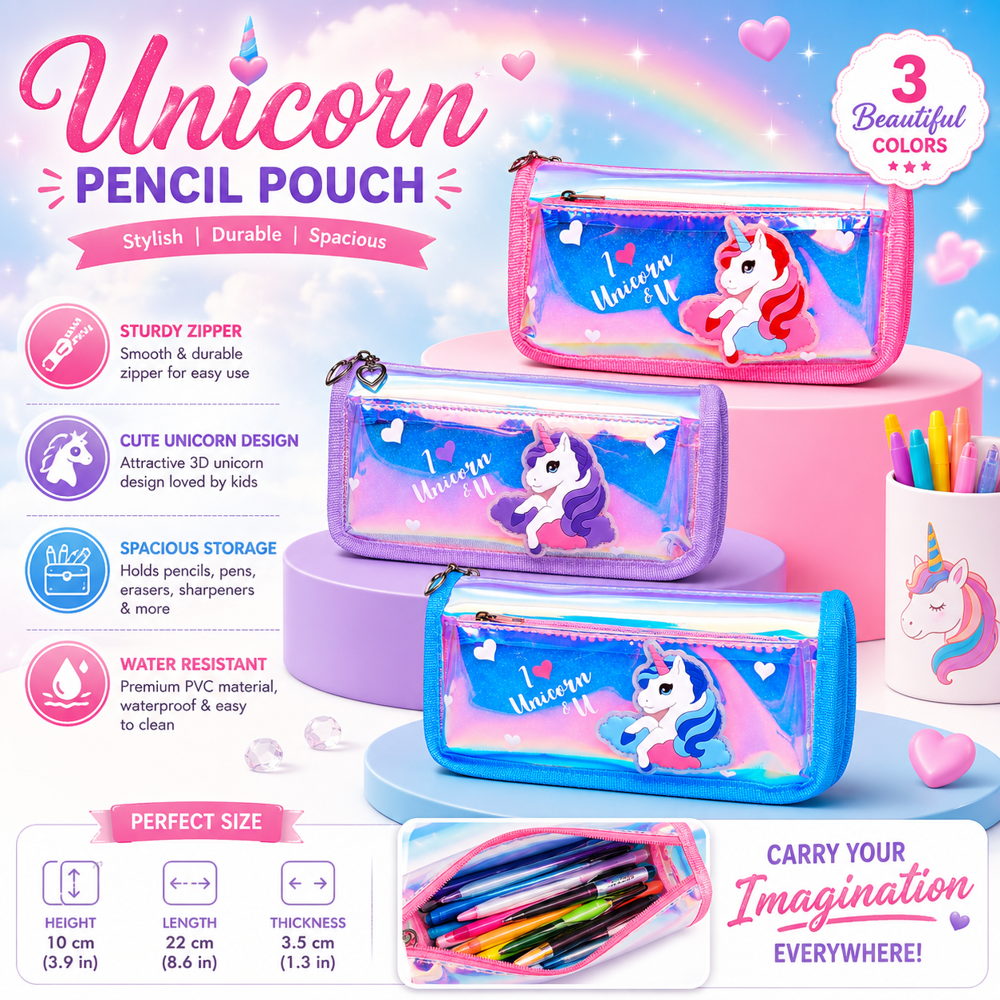CherryBox Cute Unicorn Pen Pouch Stationary Box - Plastic Standard Size Rectangle Shape | Multi Compartment Anti-Shock Zipper Closure 12 Pieces
