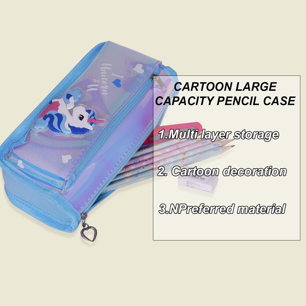 CherryBox Cute Unicorn Pen Pouch Stationary Box Anti-Shock Multi Compartment and Zipper Pencil Case for Students Kids