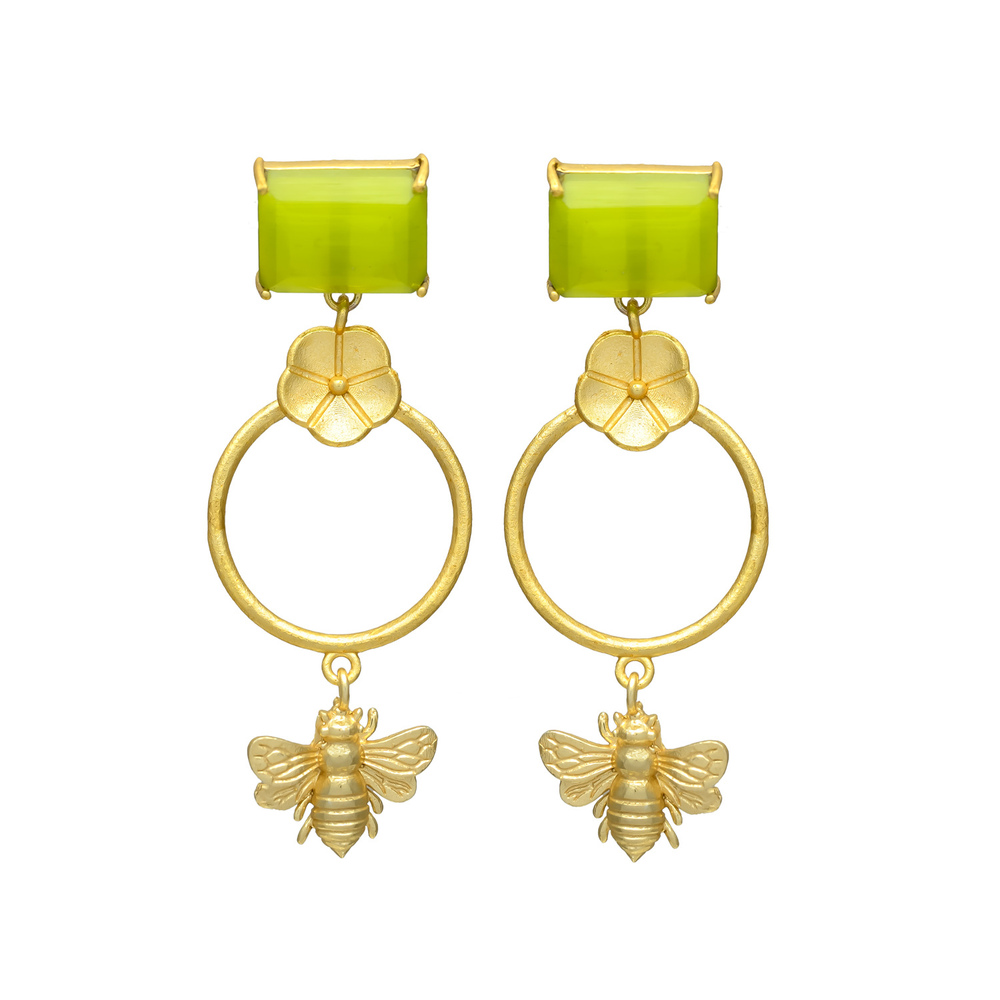 New Arrival Gold Bee and Flower Drop Earrings with Green Stones