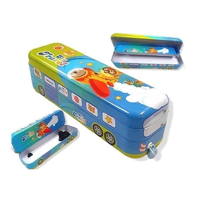 CherryBox Metal Bus Shape Printed Pencil Box with Wheels Stationery Set