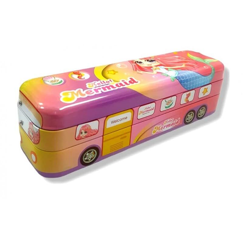CherryBox Metal Bus Shape Printed Pencil Box with Wheels Stationery Set