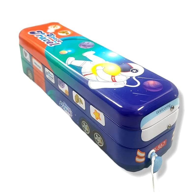 Cherrybox Metal Bus Shape Printed Pencil Box With Wheels Stationery Set - Metal, 6cm X 6cm X 21cm, Rectangular Design | 12 Pieces, Fun Bus Style