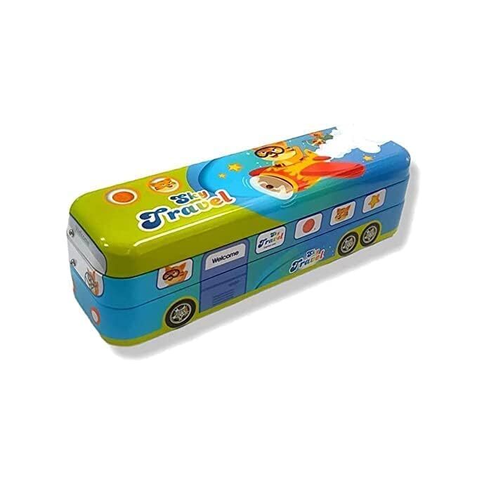 Cherrybox Metal Bus Shape Printed Pencil Box With Wheels Stationery Set - Metal, 6cm X 6cm X 21cm, Rectangular Design | 12 Pieces, Fun Bus Style