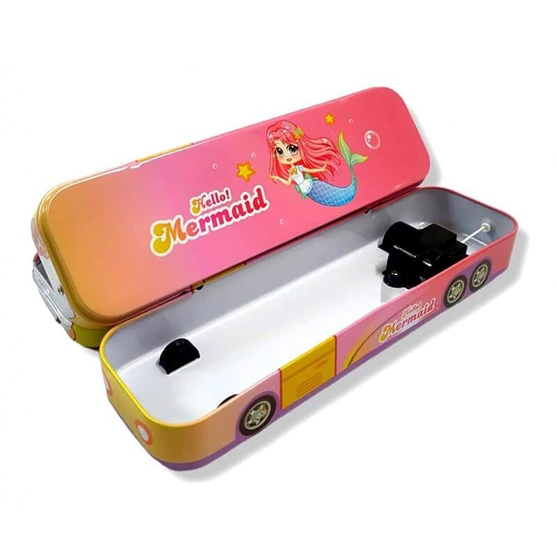 Cherrybox Metal Bus Shape Printed Pencil Box With Wheels Stationery Set - Metal, 6cm X 6cm X 21cm, Rectangular Design | 12 Pieces, Fun Bus Style