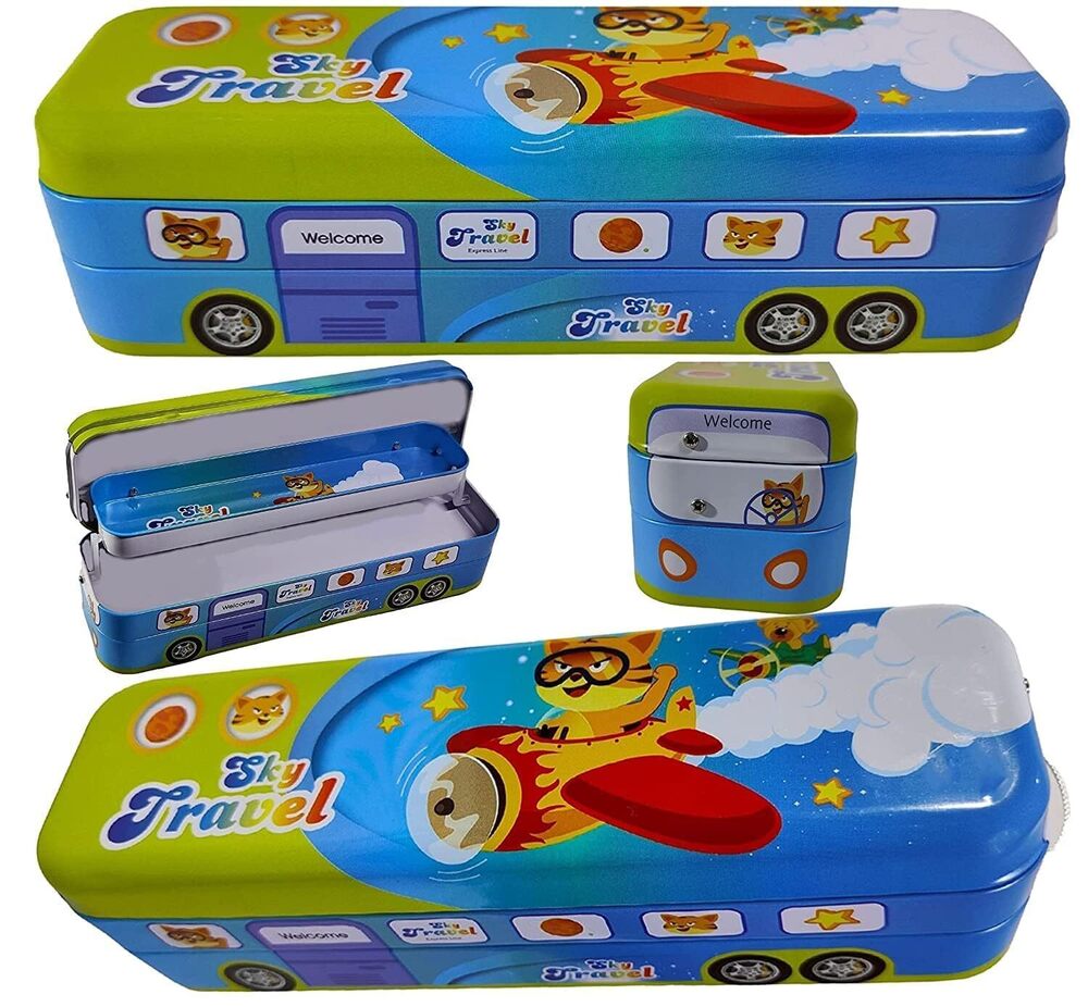 Cherrybox Metal Bus Shape Printed Pencil Box With Wheels Stationery Set - Metal, 6cm X 6cm X 21cm, Rectangular Design | 12 Pieces, Fun Bus Style