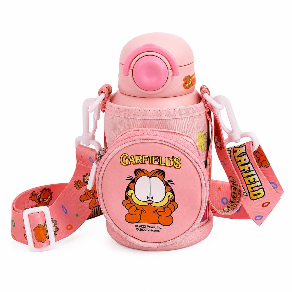 CherryBox Cartoon Cat Print with Horns Cap - 530 ML Stainless Steel Sipper Water Bottle, Double Wall Insulated Straw, Pink Round Design