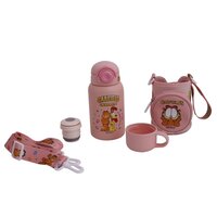 CherryBox Cartoon Cat Print with Horns Cap - Sipper Water Bottle - Stainless Steel Flask 530 ML Bottle with Double Wall Flask with Straw Insulated