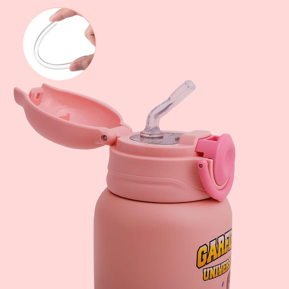 Cherrybox Cartoon Cat Print With Horns Cap - Sipper Water Bottle - Stainless Steel Flask 530 Ml Bottle With Double Wall Flask With Straw Insulated - Color: Pink