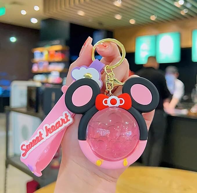 Cherrybox Cartoon Liquid Keychain Pendant - Plastic Material, Pink Color, Gold Plating | Modern Arts Style, Cute Toy Charm For Bags And Car Keys