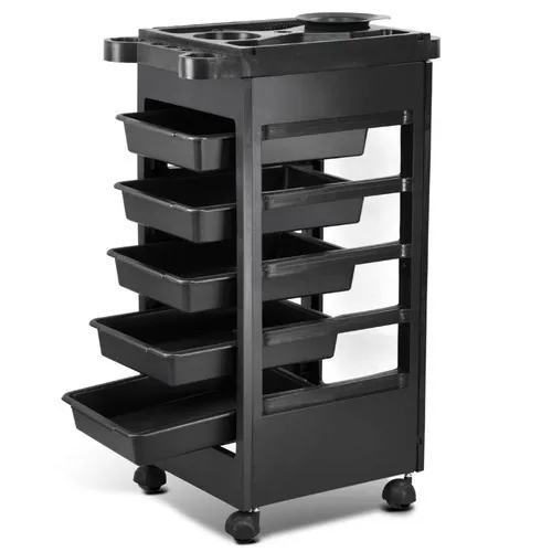 Hair Salon Black Plastic Trolley with Five Pull-Out Drawers for Storage