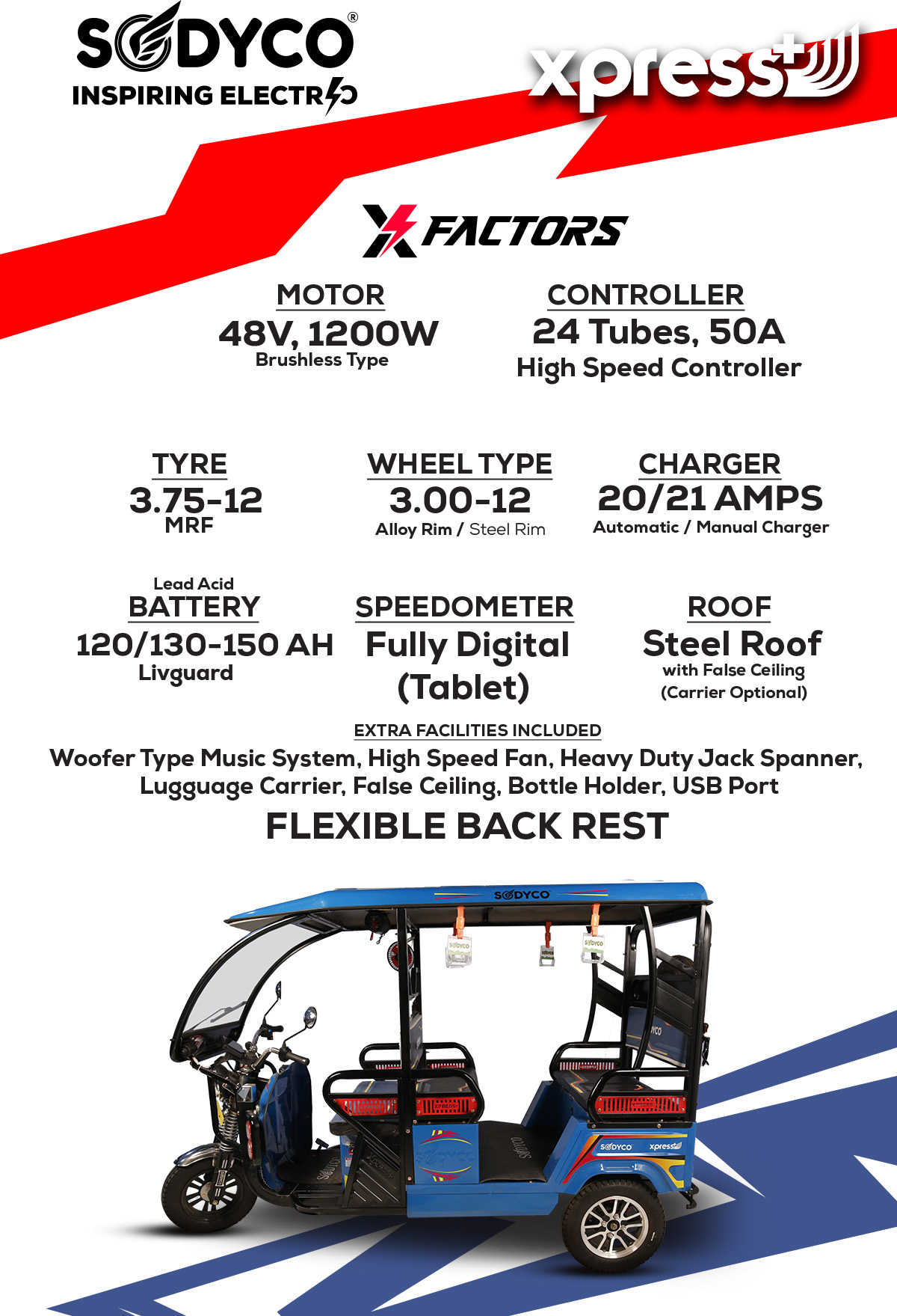 Sodyco Xpress+ Electric Rickshaw - 1200w Motor Power, 1 Year Lead-acid Battery Life | 5-person Seating Capacity, 40 Km/hr Top Speed, Eco-friendly Design With Enhanced Safety Features