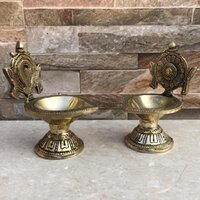 Aakrati Brass Shankh Chakra Diya Lamp| Home Temple Diya| Handmade metal oil Lamp| table top|Pooja Articles (Black Antique)