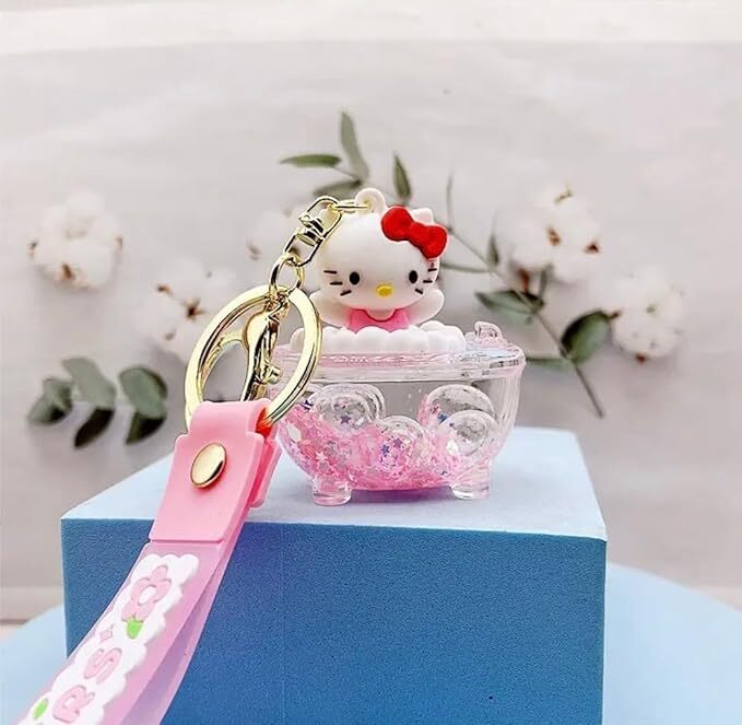 CherryBox Cartoon Liquid Keychain Pendant For Bag - Plastic Material, Gold Plating, White Color | Modern Arts Toy, Cute Charm for Key Hanging