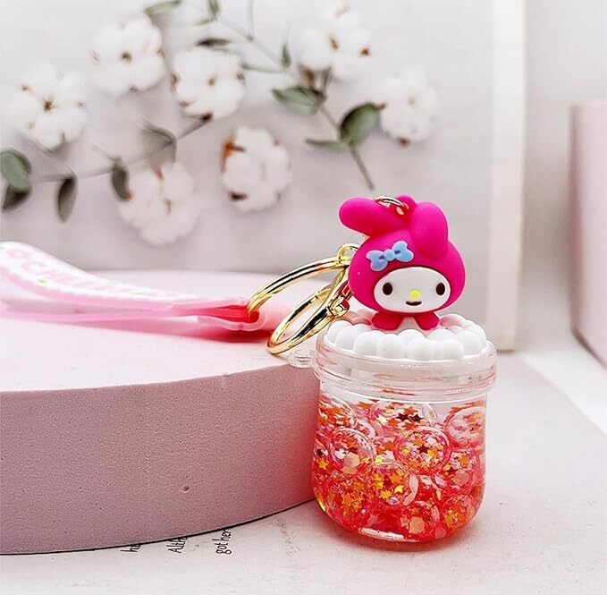 CherryBox Cartoon Liquid Keychain Pendant For Bag, Car Key Hanging Cute Charm (CB107-5) - Plastic Material, Pink Color, Gold Plating, Modern Arts Style, Toy Theme