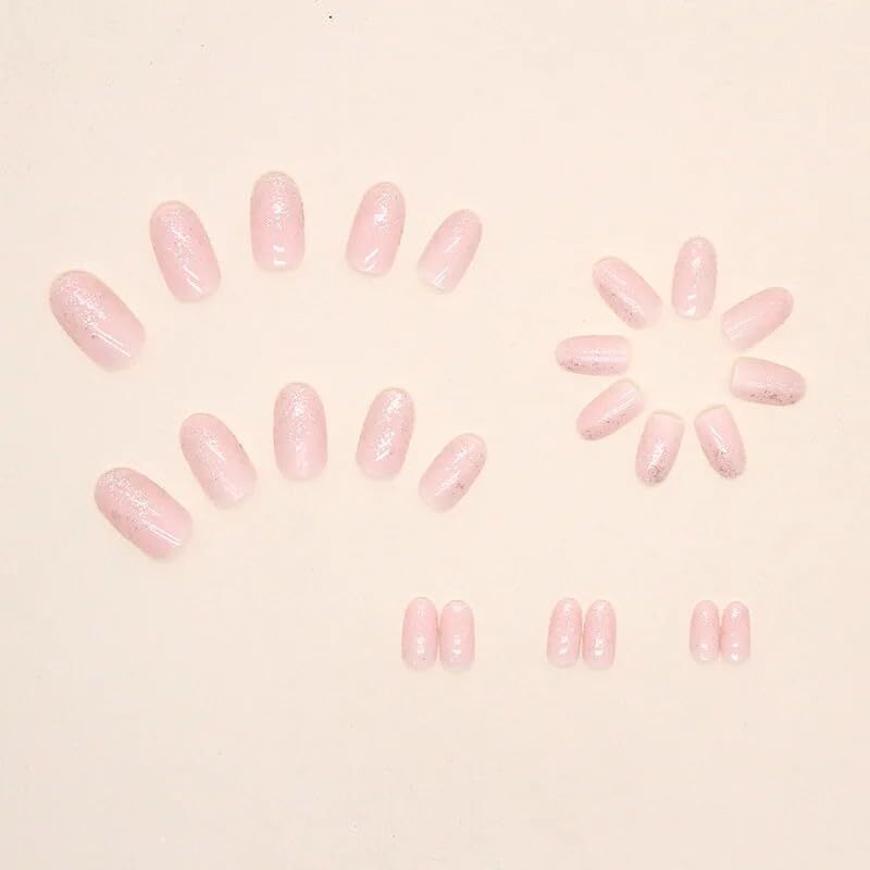 Cherrybox Pink And Shining Glitter Embellished Acrylic Artificial Nail 24 Pieces Set - Acrylic, Standard Size, Pink Color, Glitters Included | Jelly Glue Stickers Tabs And Glue Included