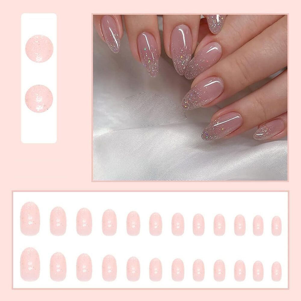 Cherrybox Pink And Shining Glitter Embellished Acrylic Artificial Nail 24 Pieces Set - Acrylic, Standard Size, Pink Color, Glitters Included | Jelly Glue Stickers Tabs And Glue Included