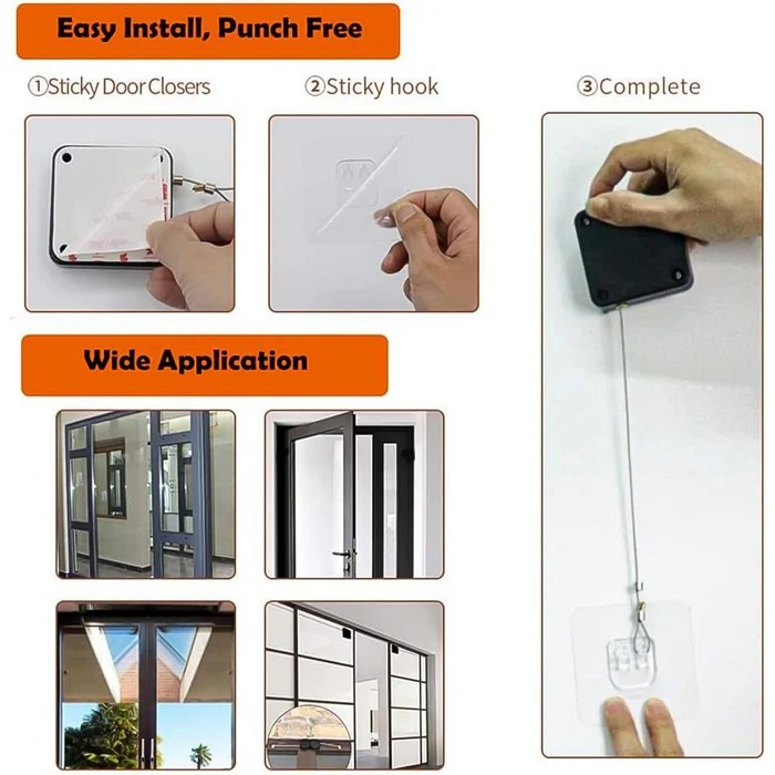 Automatic Door Closer - Plastic, 7x11x3 Cm, Black | Multi-functional Design, Hole-free Adhesive Installation, High Tensile Strength P12 Steel Wire Rope