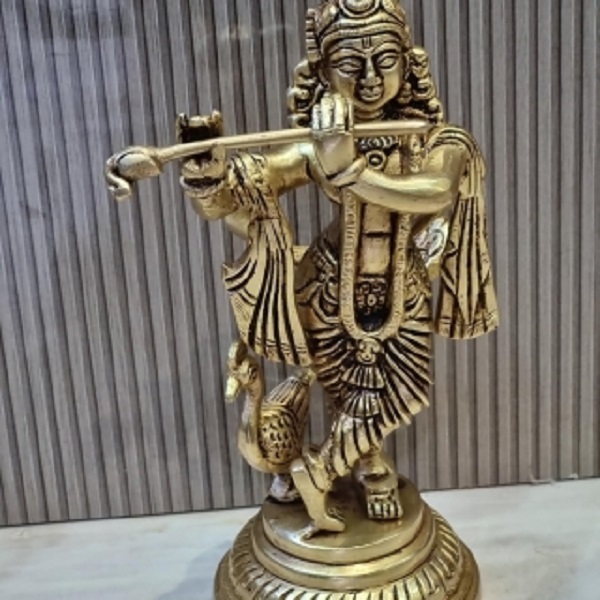 Krishna Statue With Yellow Finishing|murlidhar God Statue Made In Brass Metal By Aakrati |Religious Statue| |Hindu Idols| |Krishna Statue| By Aakrati - Height: 8 Inch (In)