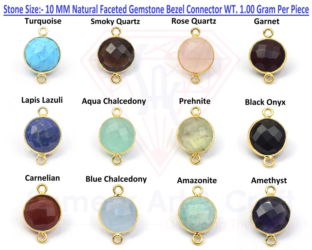 18K Gold Plated Natural Gemstone Handmade Round Shape Double Bail Faceted Cut Stone Bezel Connector