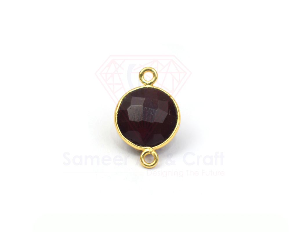 18K Gold Plated Natural Gemstone Handmade Round Shape Double Bail Faceted Cut Stone Bezel Connector