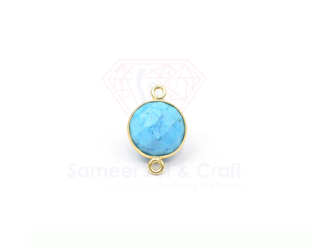 18k Gold Plated Natural Gemstone Handmade Round Shape Double Bail Faceted Cut Stone Bezel Connector