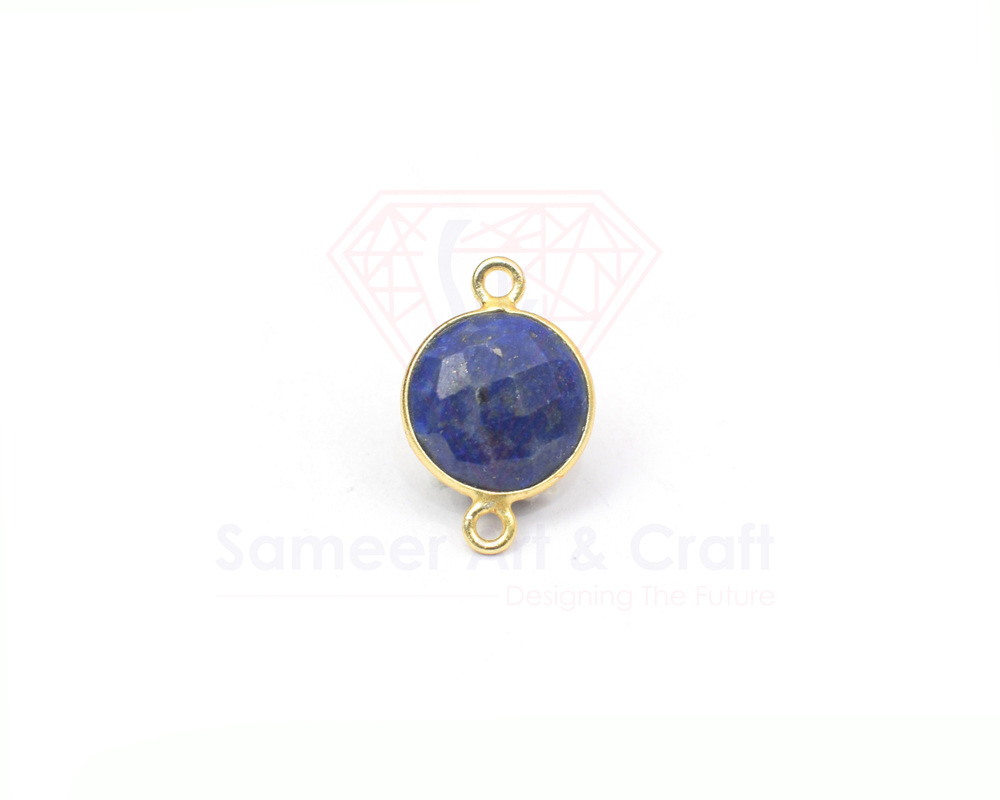 18K Gold Plated Natural Gemstone Handmade Round Shape Double Bail Faceted Cut Stone Bezel Connector