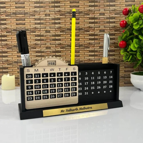 Wooden Pen Stand With Lifetime Calendar Infinite Calendar - Color: Black