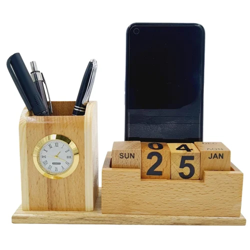 Wooden Pen Stand With Calendar And Mobile Stand - Finish: Smooth