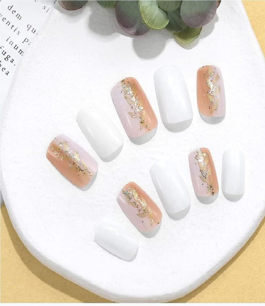 CherryBox Square False Nails White Pink Gold Combo Press on Nails Chrome Glossy Fake Nails Wedding 24Pcs Acrylic Stick on Nails for Women and Girls (Jelly Glue Adhesive Tabs and Glue Included)