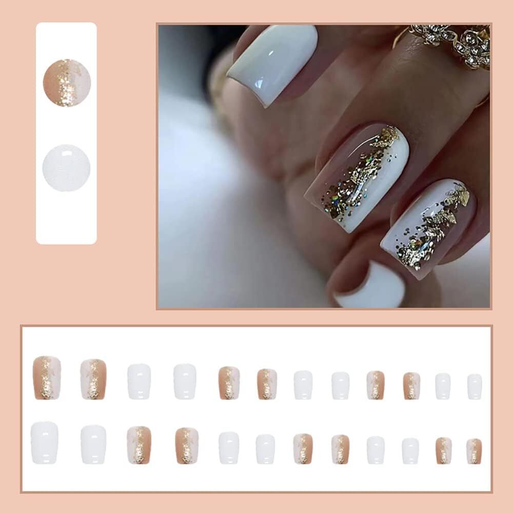 CherryBox Square False Nails White Pink Gold Combo Press on Nails Chrome Glossy Fake Nails Wedding 24Pcs Acrylic Stick on Nails for Women and Girls (Jelly Glue Adhesive Tabs and Glue Included)