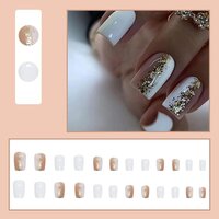 CherryBox Square False Nails White Pink Gold Combo Press on Nails Chrome Glossy Fake Nails Wedding 24Pcs Acrylic Stick on Nails for Women and Girls (Jelly Glue Adhesive Tabs and Glue Included)