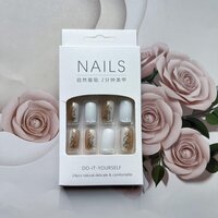 CherryBox Square False Nails White Pink Gold Combo Press on Nails Chrome Glossy Fake Nails Wedding 24Pcs Acrylic Stick on Nails for Women and Girls (Jelly Glue Adhesive Tabs and Glue Included)