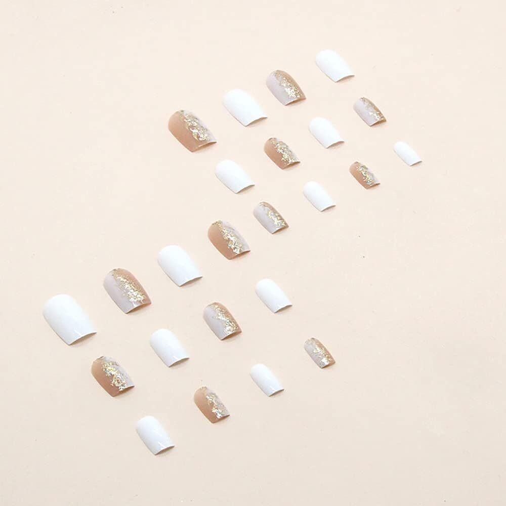 CherryBox Square False Nails White Pink Gold Combo Press on Nails Chrome Glossy Fake Nails Wedding 24Pcs Acrylic Stick on Nails for Women and Girls (Jelly Glue Adhesive Tabs and Glue Included)
