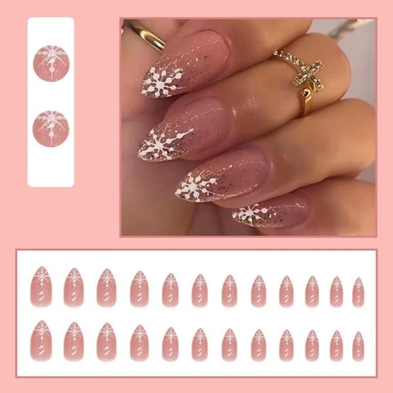 Cherrybox 24 Pieces Set Shiny Pointed Snowflake Press On Nails Sparkle And Glitter Pink (Jelly Glue Stickers Tabs And Glue Included) - Size: Standard