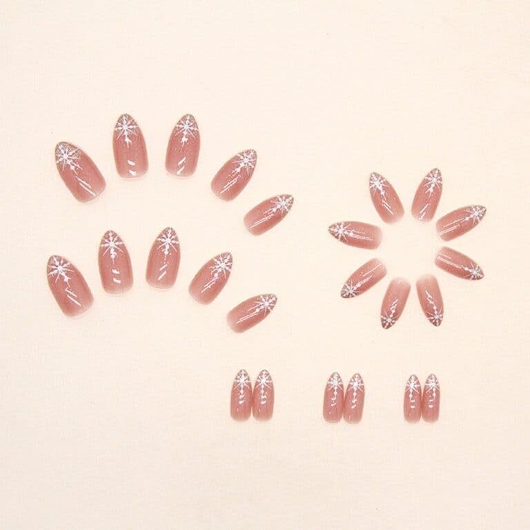 Cherrybox 24 Pieces Set Shiny Pointed Snowflake Press On Nails Sparkle And Glitter Pink (Jelly Glue Stickers Tabs And Glue Included) - Size: Standard