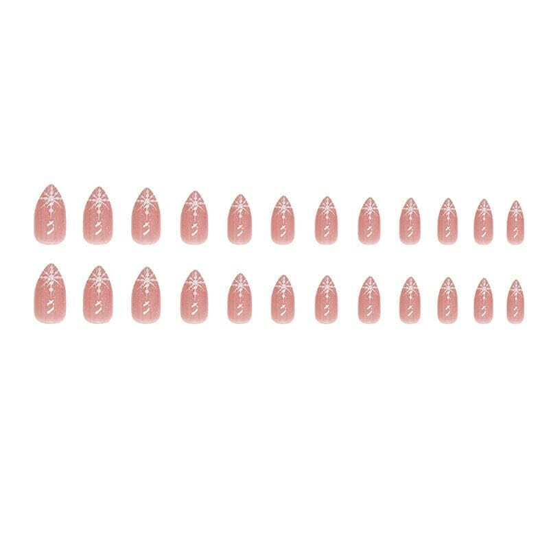 Cherrybox 24 Pieces Set Shiny Pointed Snowflake Press On Nails Sparkle And Glitter Pink (Jelly Glue Stickers Tabs And Glue Included) - Size: Standard