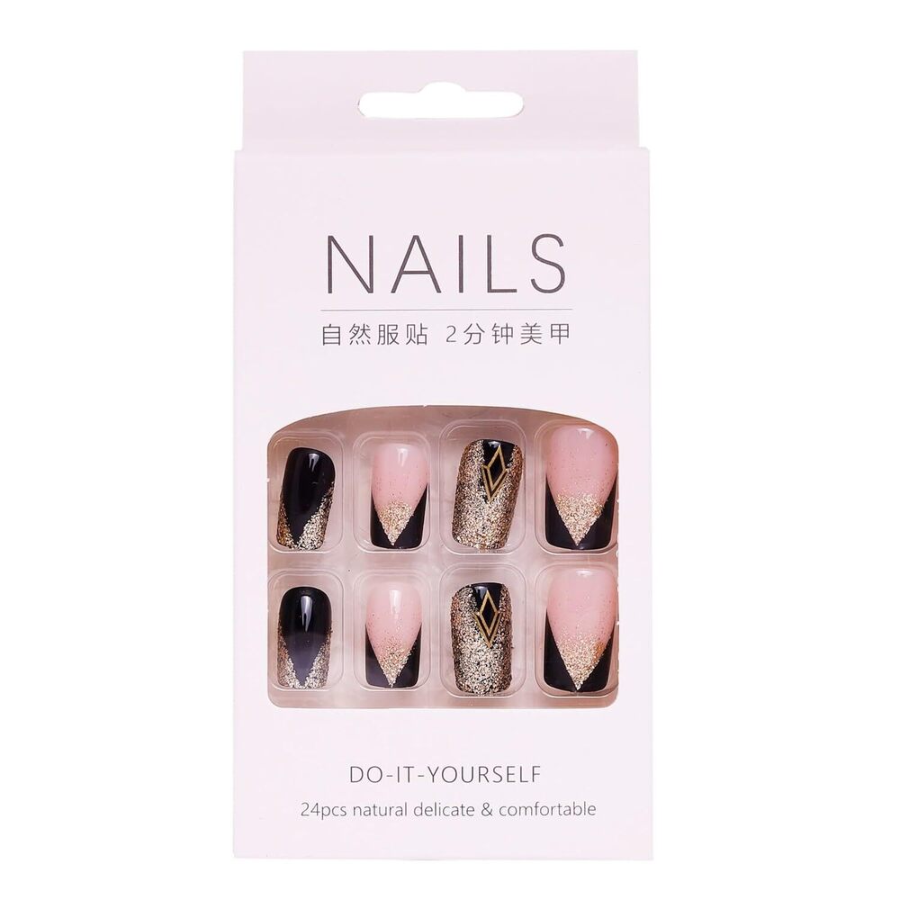 CherryBox Acrylic Reusable press on nails artificial fake false extension black golden glitter and pink design 24 pieces set (Jelly Glue Adhesive Tabs and Glue Included)