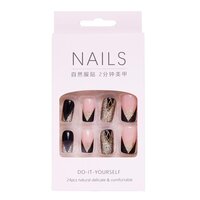 CherryBox Acrylic Reusable press on nails artificial fake false extension black golden glitter and pink design 24 pieces set (Jelly Glue Adhesive Tabs and Glue Included)