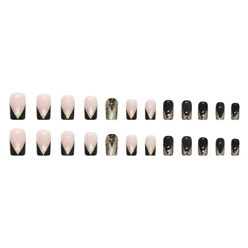 Cherrybox Acrylic Reusable Press On Nails Artificial Fake False Extension Black Golden Glitter And Pink Design 24 Pieces Set (Jelly Glue Adhesive Tabs And Glue Included)