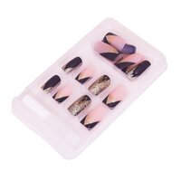 CherryBox Acrylic Reusable press on nails artificial fake false extension black golden glitter and pink design 24 pieces set (Jelly Glue Adhesive Tabs and Glue Included)