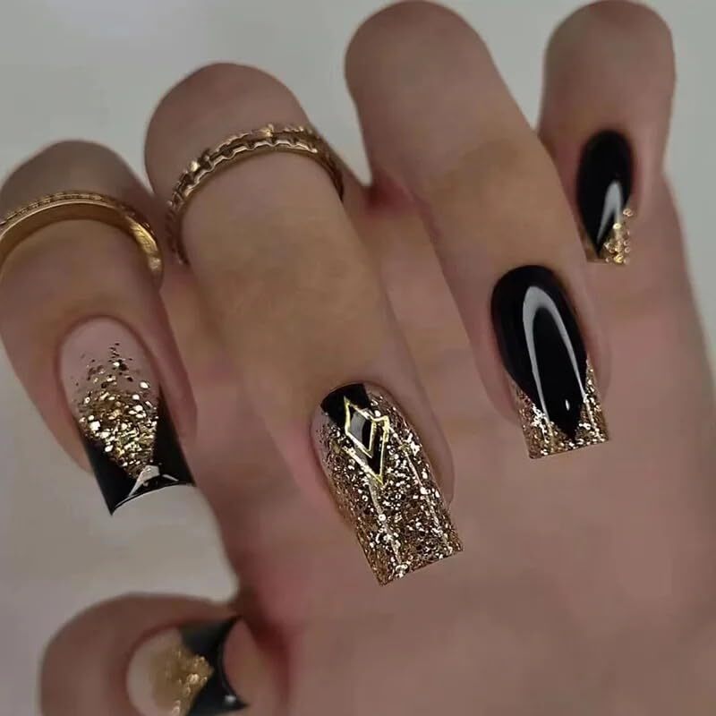 Cherrybox Acrylic Reusable Press On Nails Artificial Fake False Extension Black Golden Glitter And Pink Design 24 Pieces Set (Jelly Glue Adhesive Tabs And Glue Included)