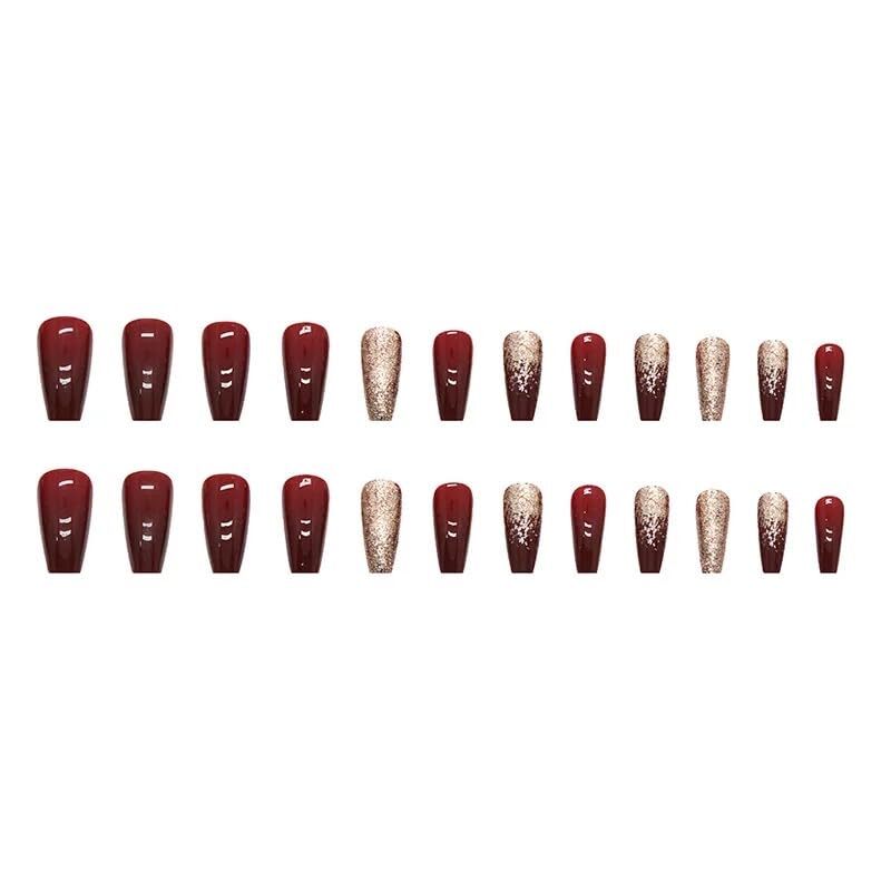 Cherrybox Set Of 24 Artificial Reusable Nails In Red And Golden Colour For Weddings Parties Kittes Get Together (Includes Jelly Glue Adhesive Tabs And Glue) - Ingredients: Glitters