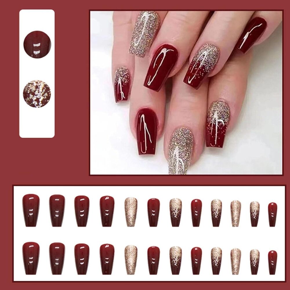 Cherrybox Set Of 24 Artificial Reusable Nails In Red And Golden Colour For Weddings Parties Kittes Get Together (Includes Jelly Glue Adhesive Tabs And Glue) - Ingredients: Glitters